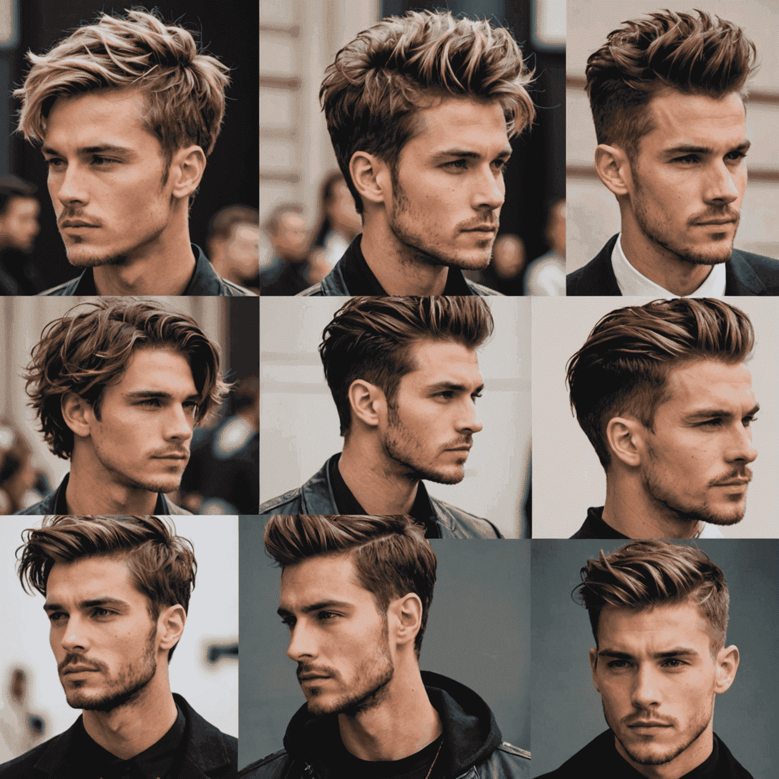 Various modern hairstyles for men and women, showcasing trendy cuts and colors