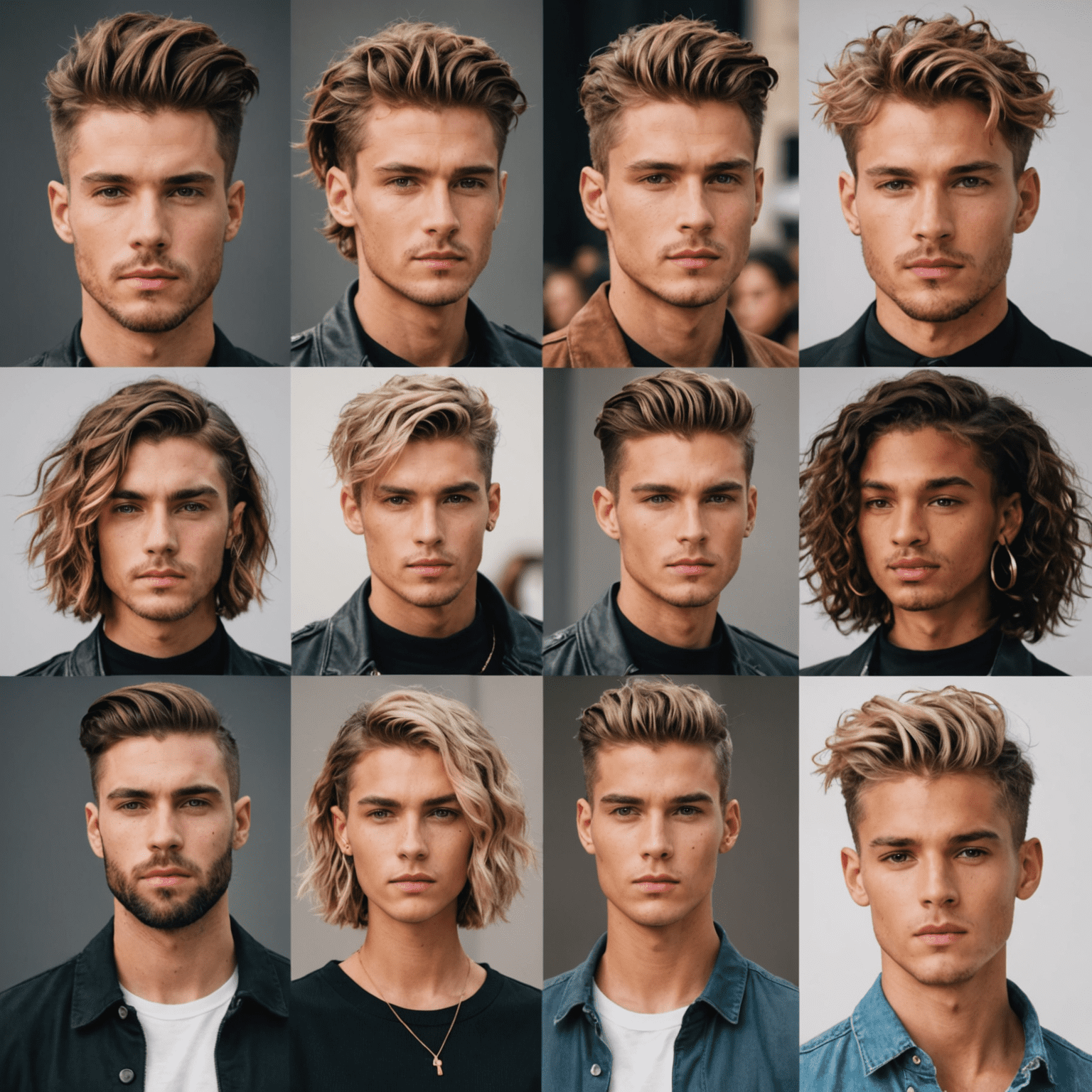 Collage of trendy hairstyles for 2024, featuring a mix of men's and women's styles including textured crops, long layered cuts, and vibrant colors