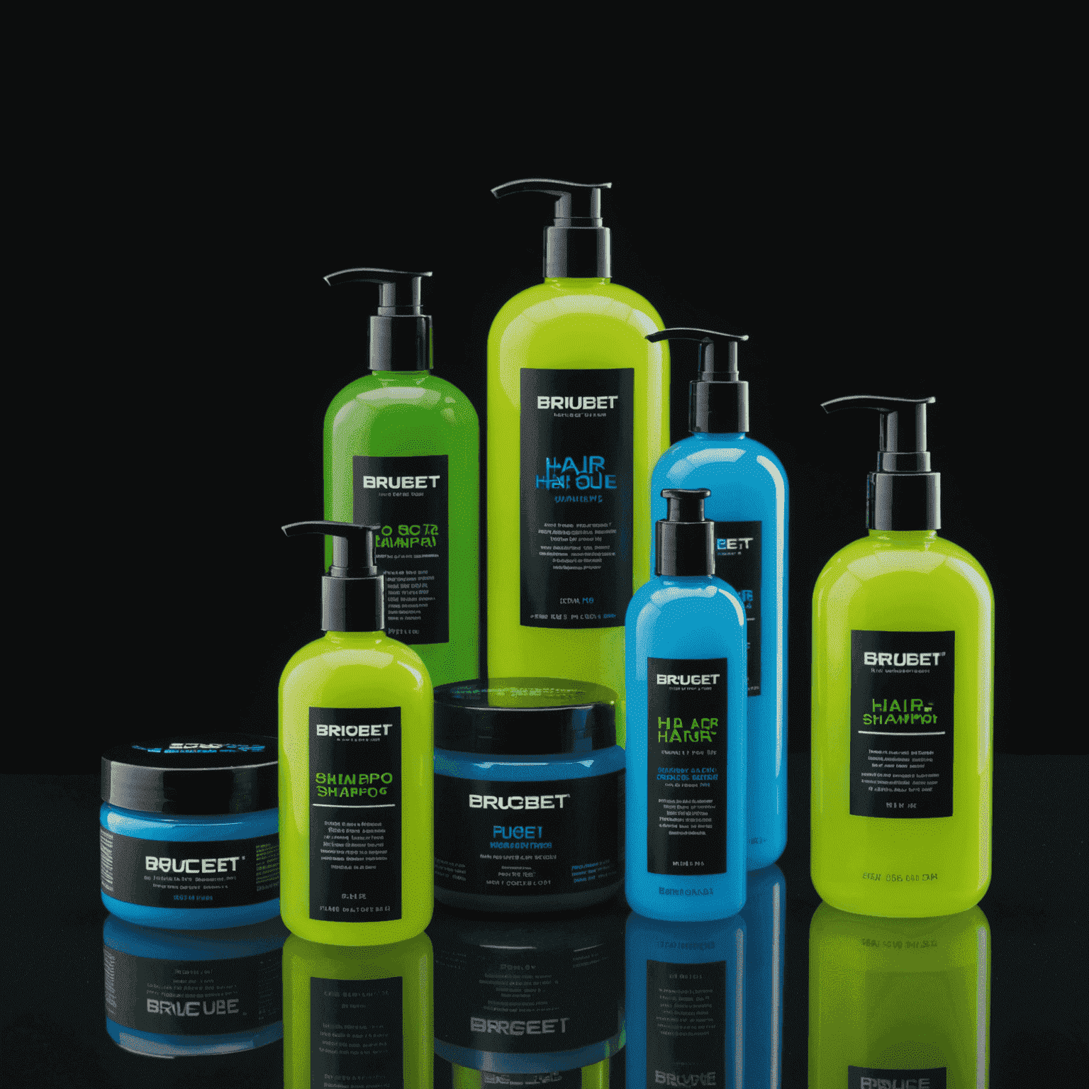 A sleek display of Brucebet's new premium hair care product line, featuring shampoo bottles, styling gels, and beard oils in electric blue and neon green packaging against a deep black background