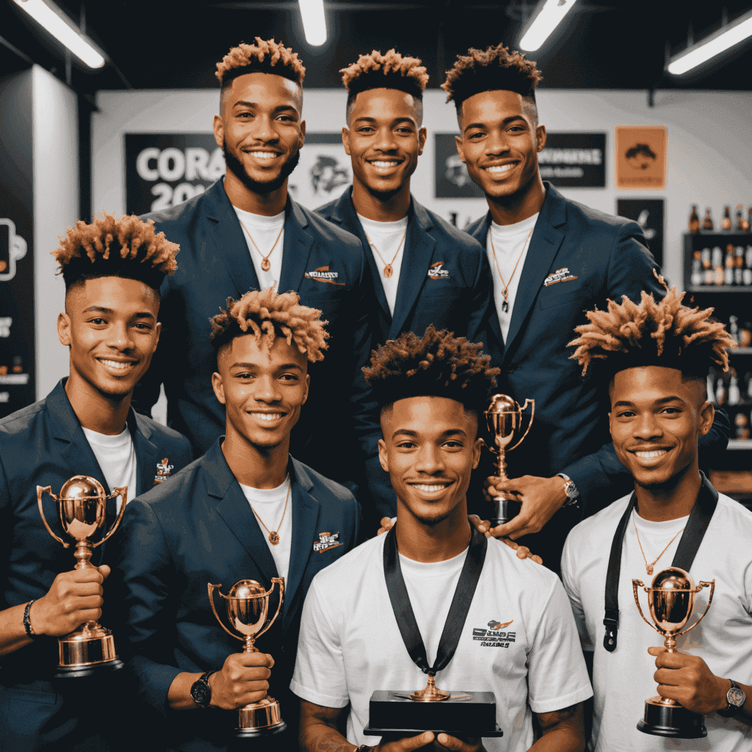 Brucebet's winning team at Barber Battle 2024, holding trophies and displaying their award-winning hairstyles