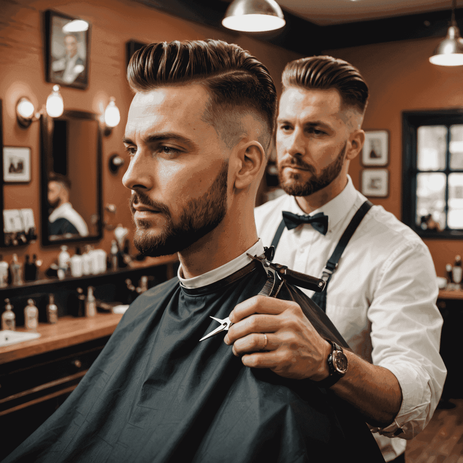 A barber giving a stylish haircut to a client using professional clippers and scissors