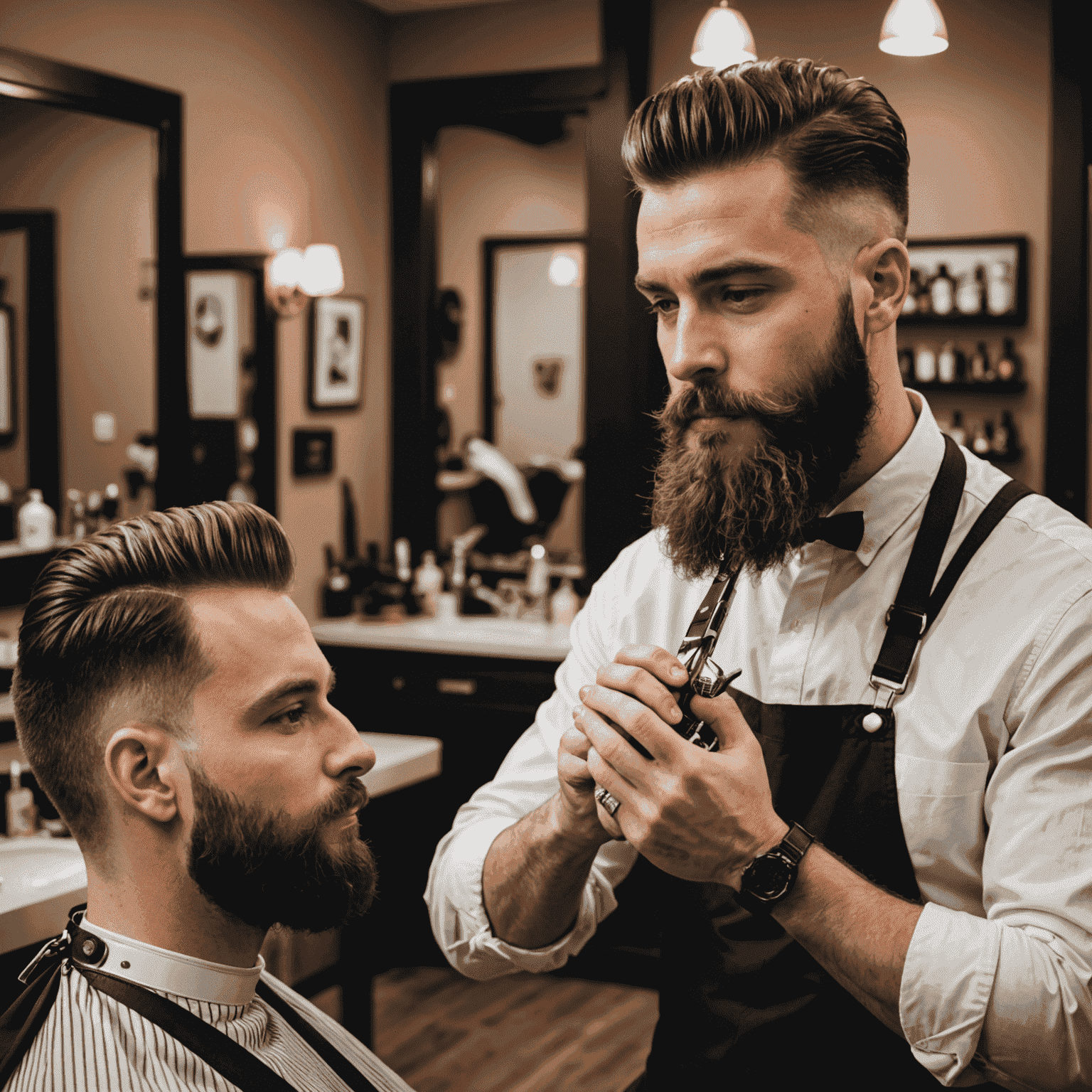 Professional barber trimming and styling a client's beard with precision tools, surrounded by high-end grooming products in a modern, sleek barbershop setting