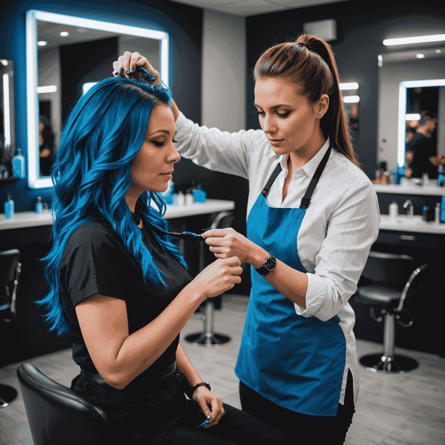 Professional hair colorist applying vibrant blue dye to a client's hair in a modern, sleek salon setting with neon accents