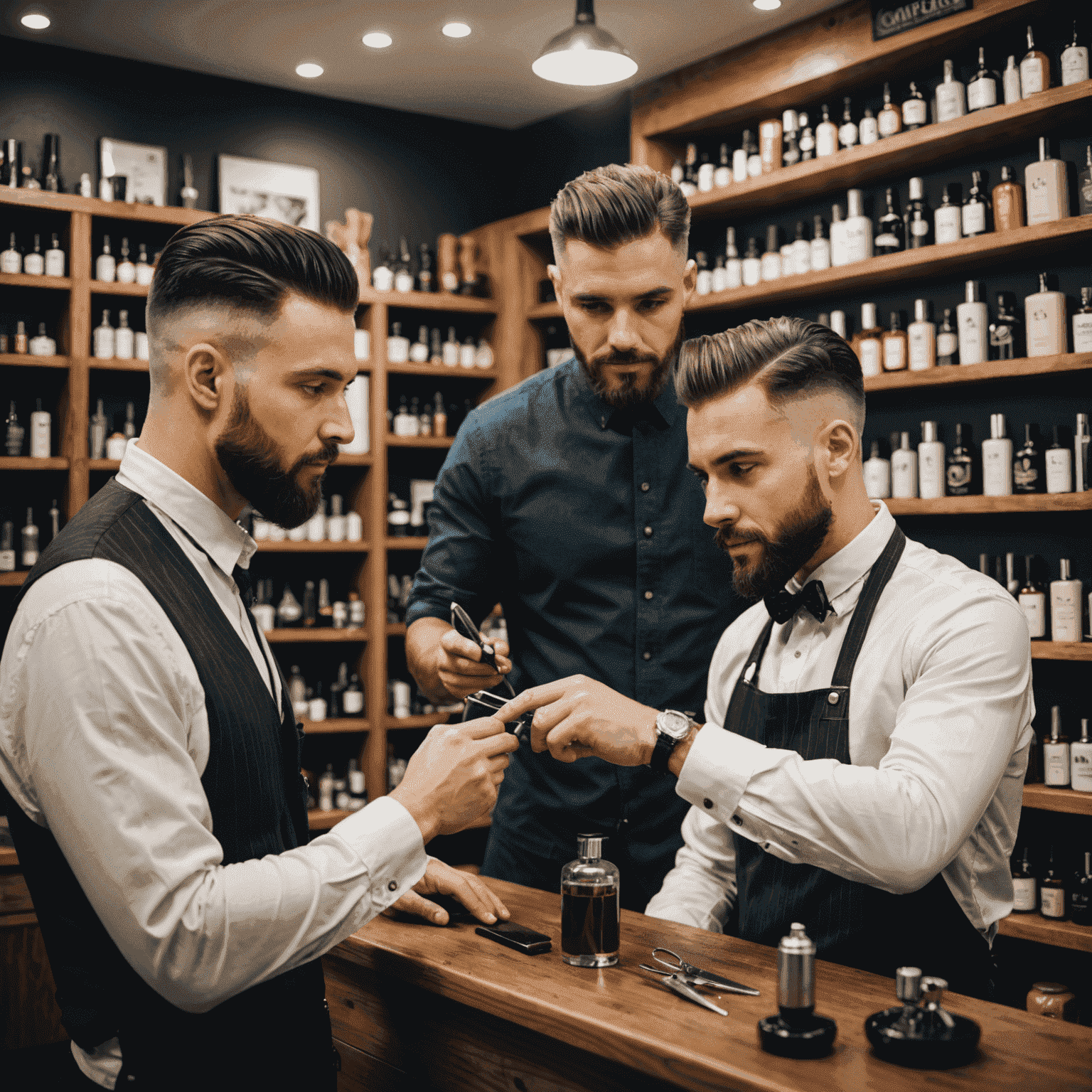 A professional barber consulting with a client, discussing various hair care products displayed on a sleek, modern shelf. The barber is pointing to specific products while the client listens attentively.