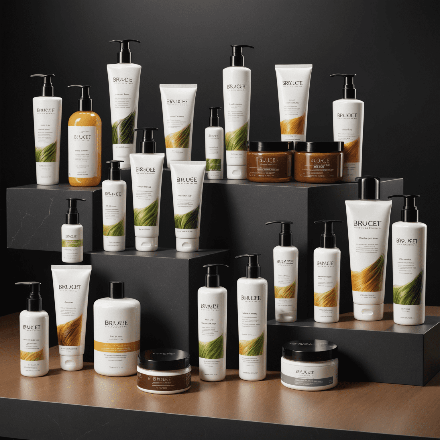 Display of Brucebet's new hair care product line, featuring sleek packaging and various hair types