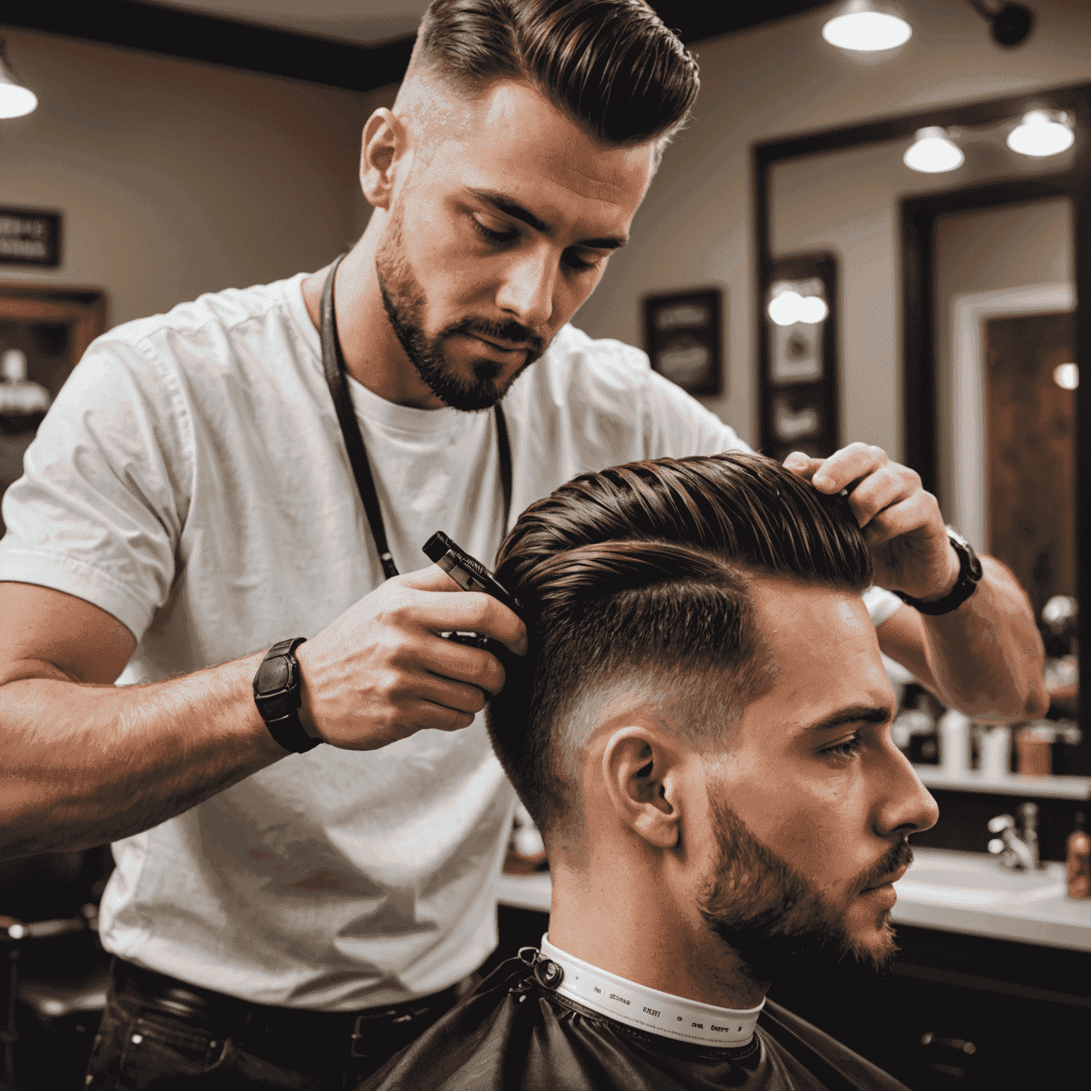 A professional barber applying Brucebet's new styling gel to a client's hair, demonstrating the product's ease of use and styling capabilities