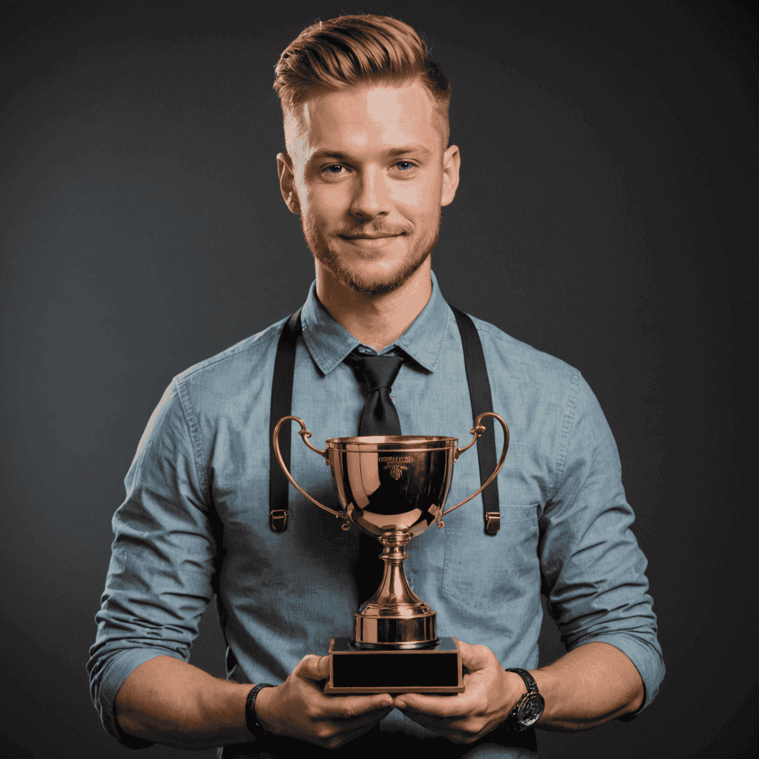 Jake Thompson, Brucebet stylist, holding his first-place trophy for Classic Cuts category