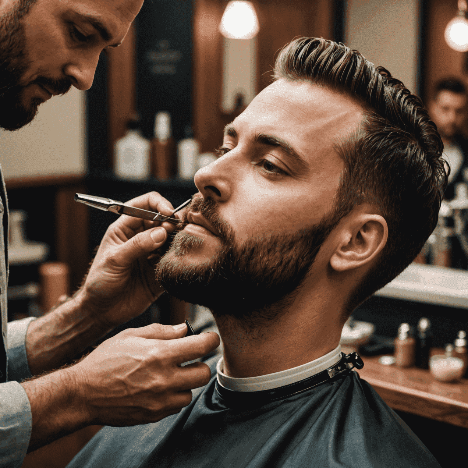 A barber trimming and styling a client's beard with precision tools