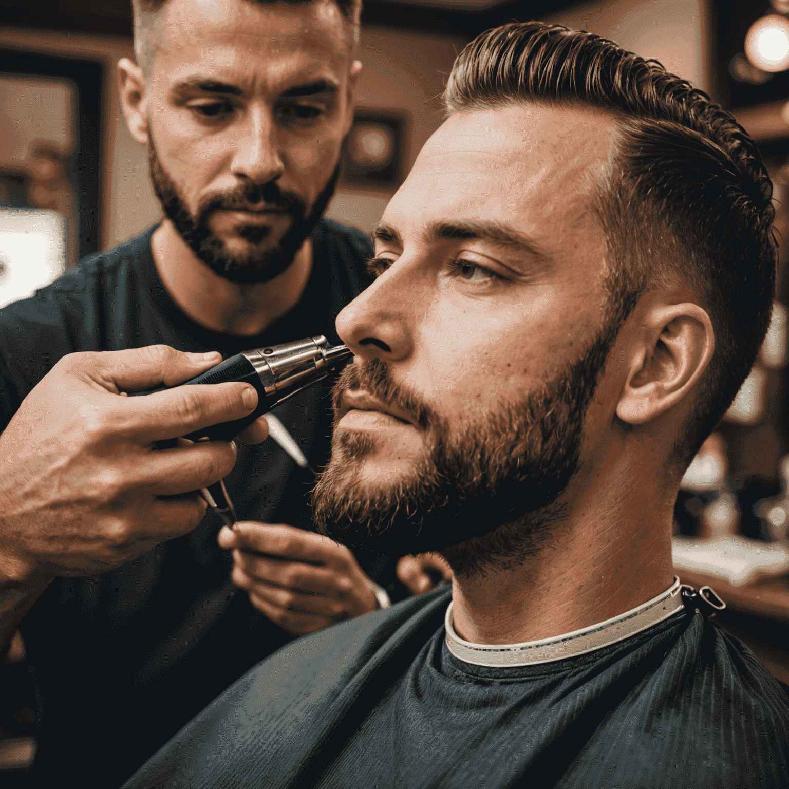 Close-up of a barber using professional clippers to trim a client's beard with precision