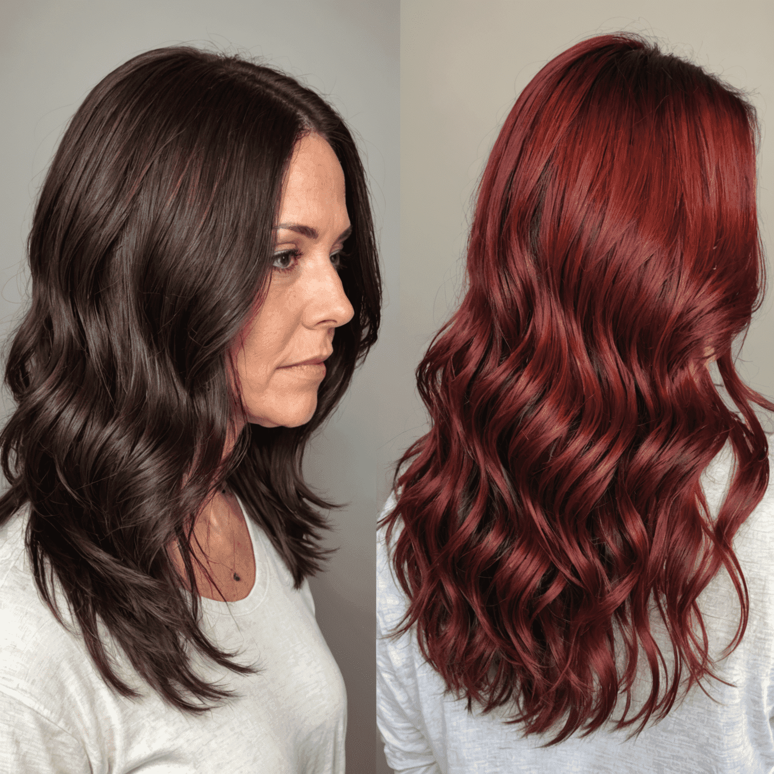 Before and after comparison of a client with a stunning hair color transformation, showcasing vibrant and healthy-looking results