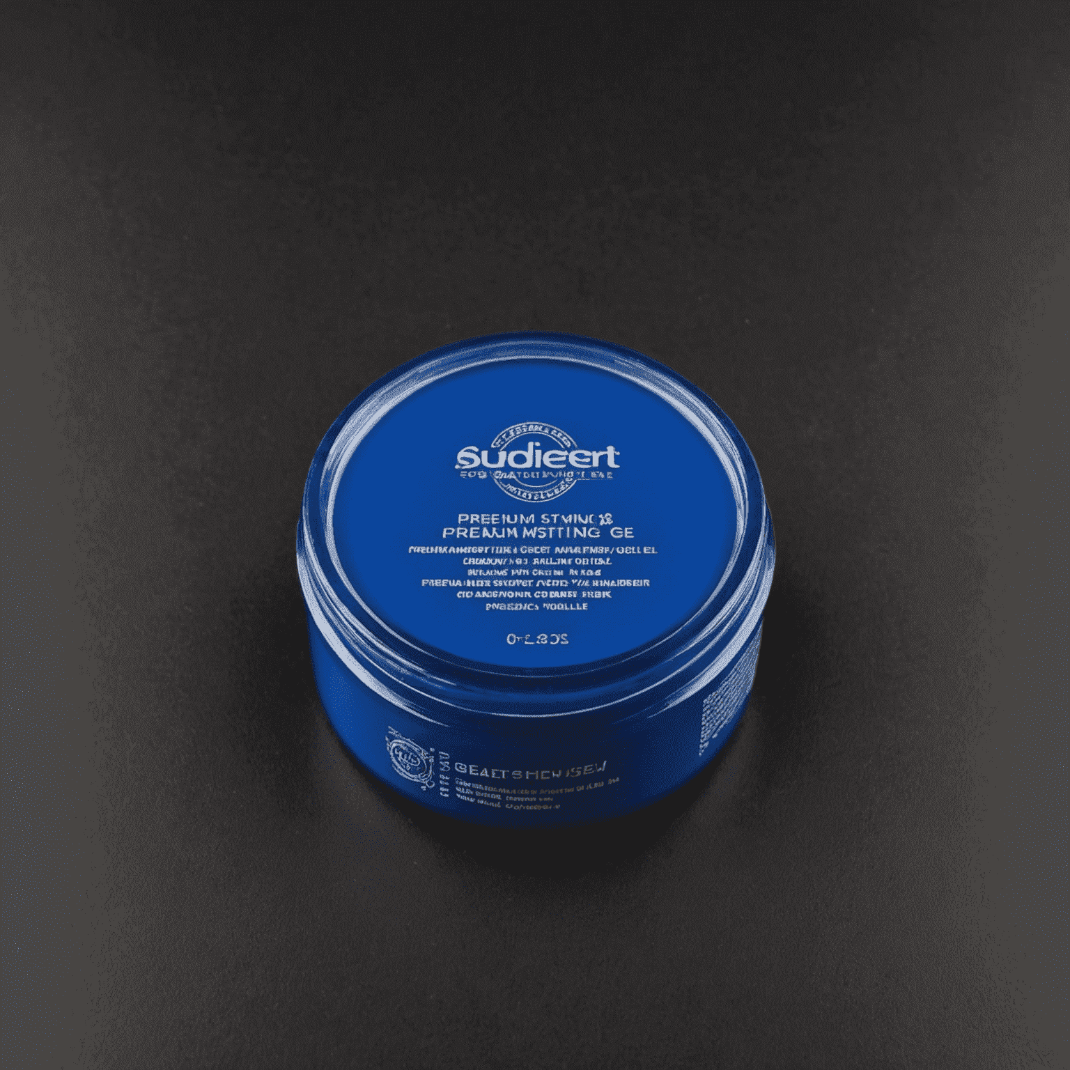 A bottle of premium styling gel with a sleek, modern design. The gel has a vibrant blue color, showcasing its high-quality formula for strong hold and shine.