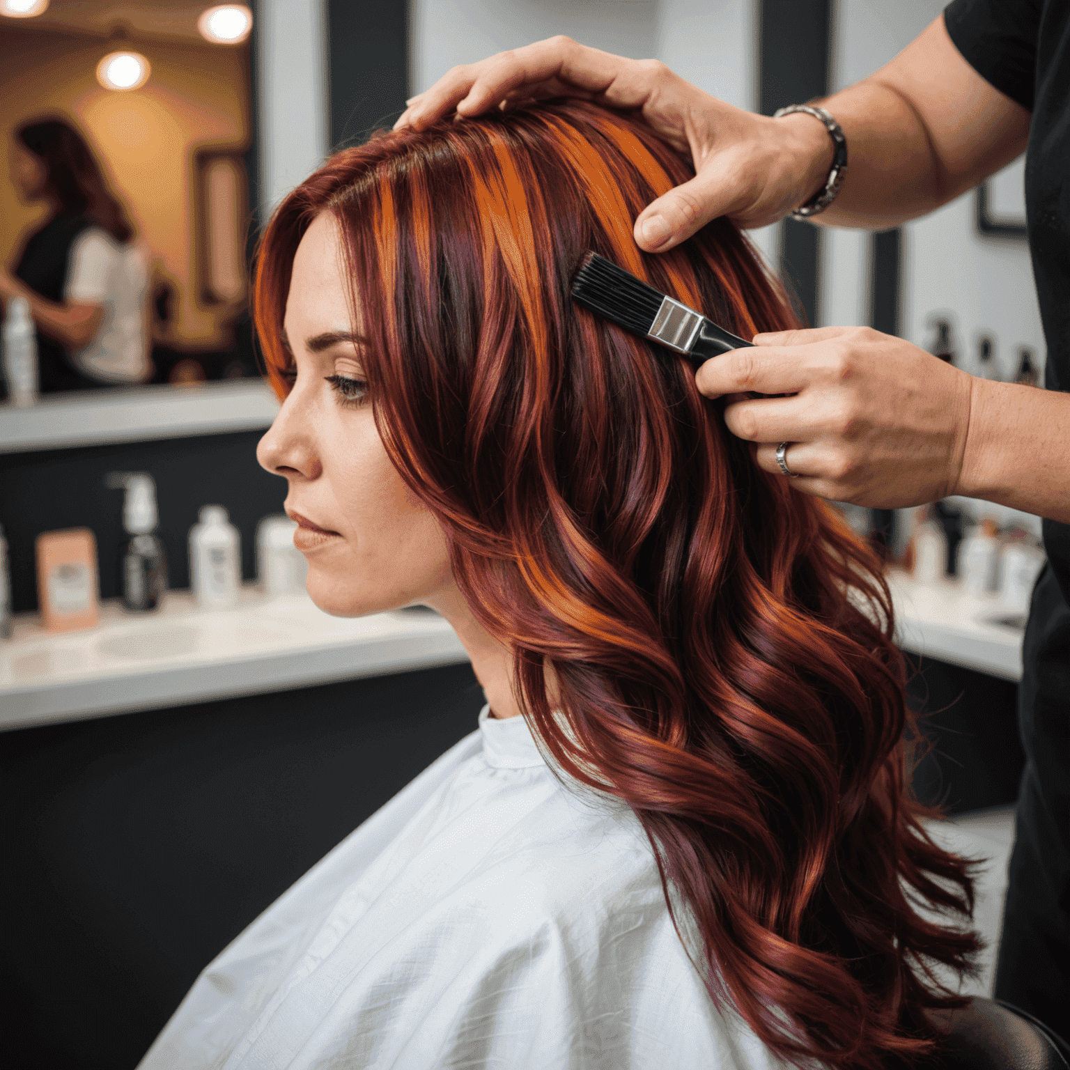 A stylist applying vibrant hair color to a client's hair