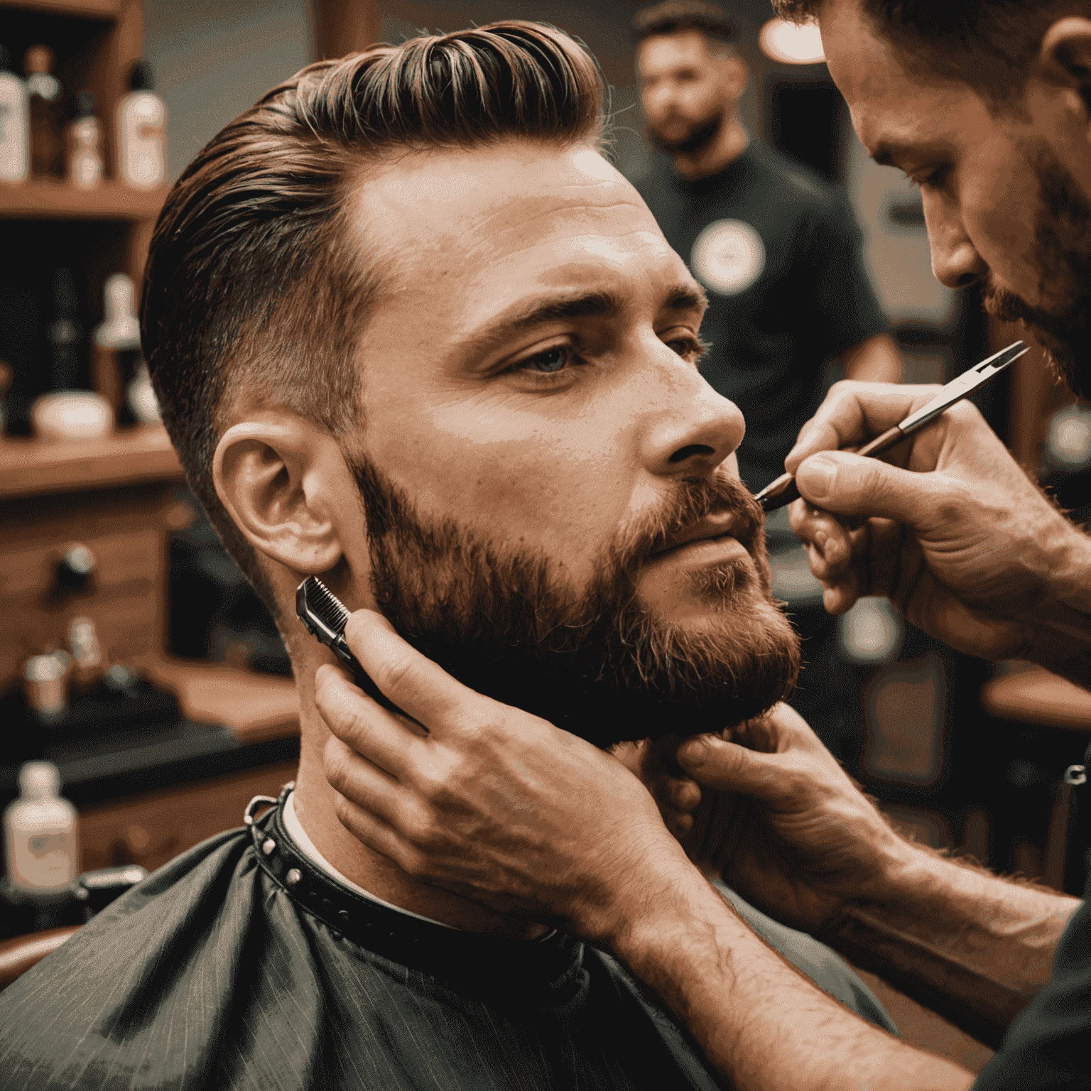 Barber applying beard oil and using a comb to shape a client's beard into a stylish form