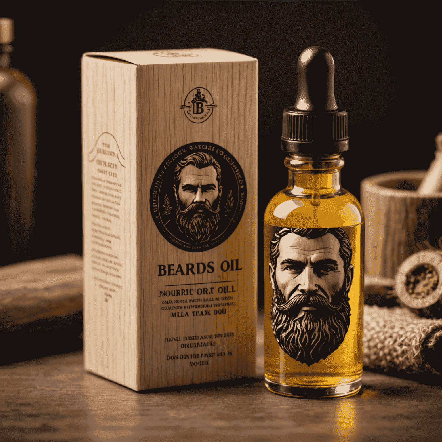 A luxurious beard oil bottle with a wooden cap, containing a golden-hued oil. The packaging emphasizes natural ingredients for nourishing and softening facial hair.