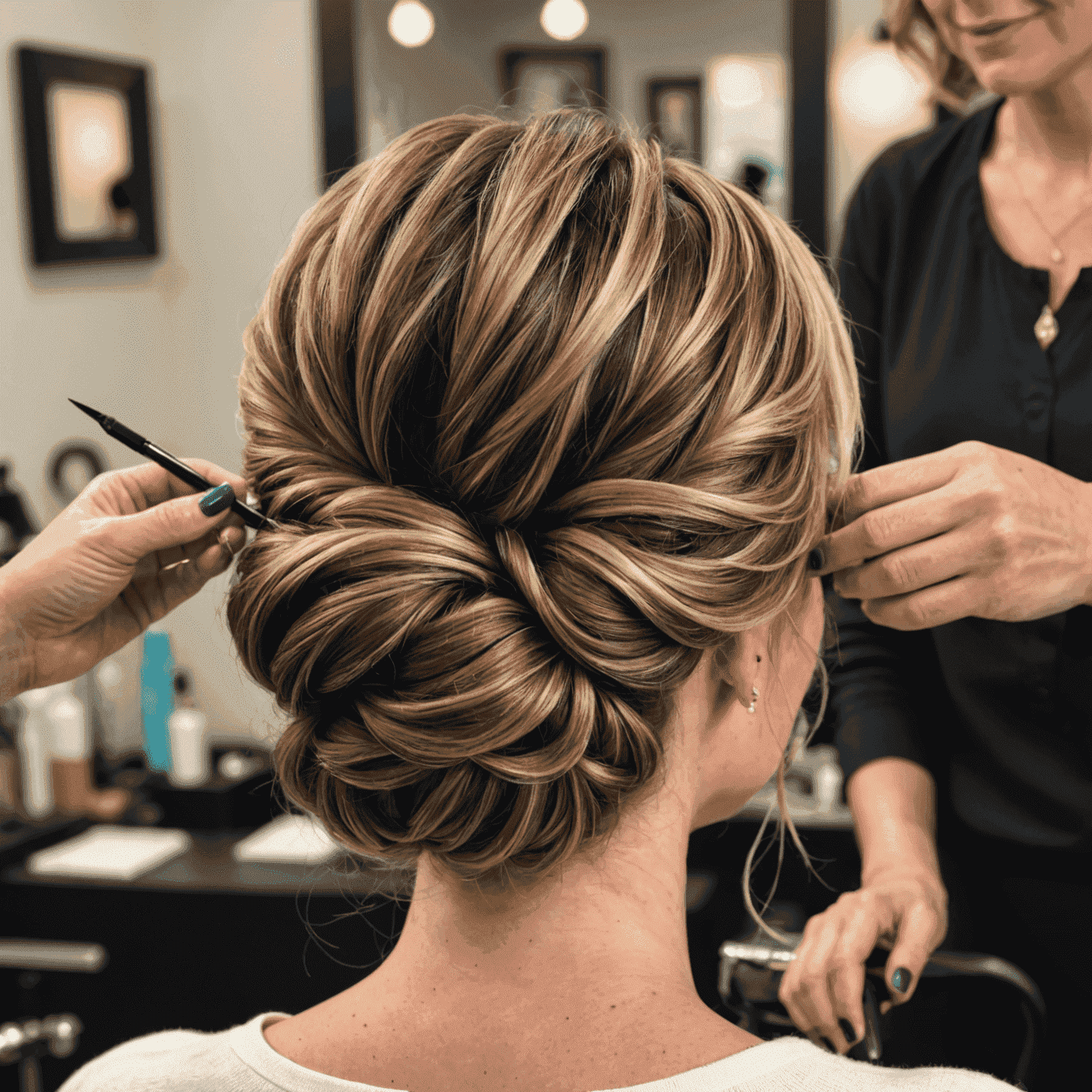 A stylist creating an elegant updo for a client using professional styling tools