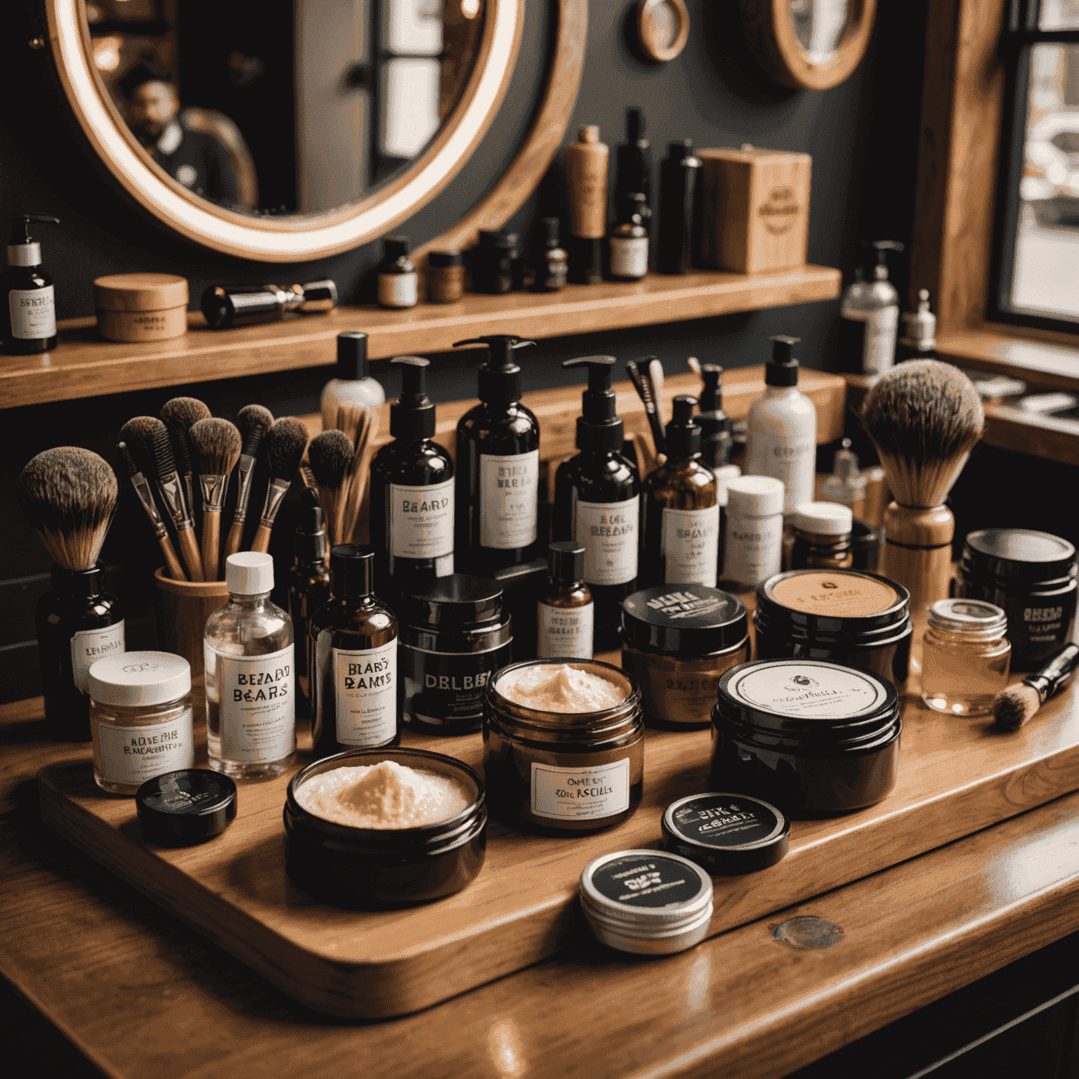 A collection of high-quality beard care products including oils, balms, and brushes arranged on a sleek barbershop counter