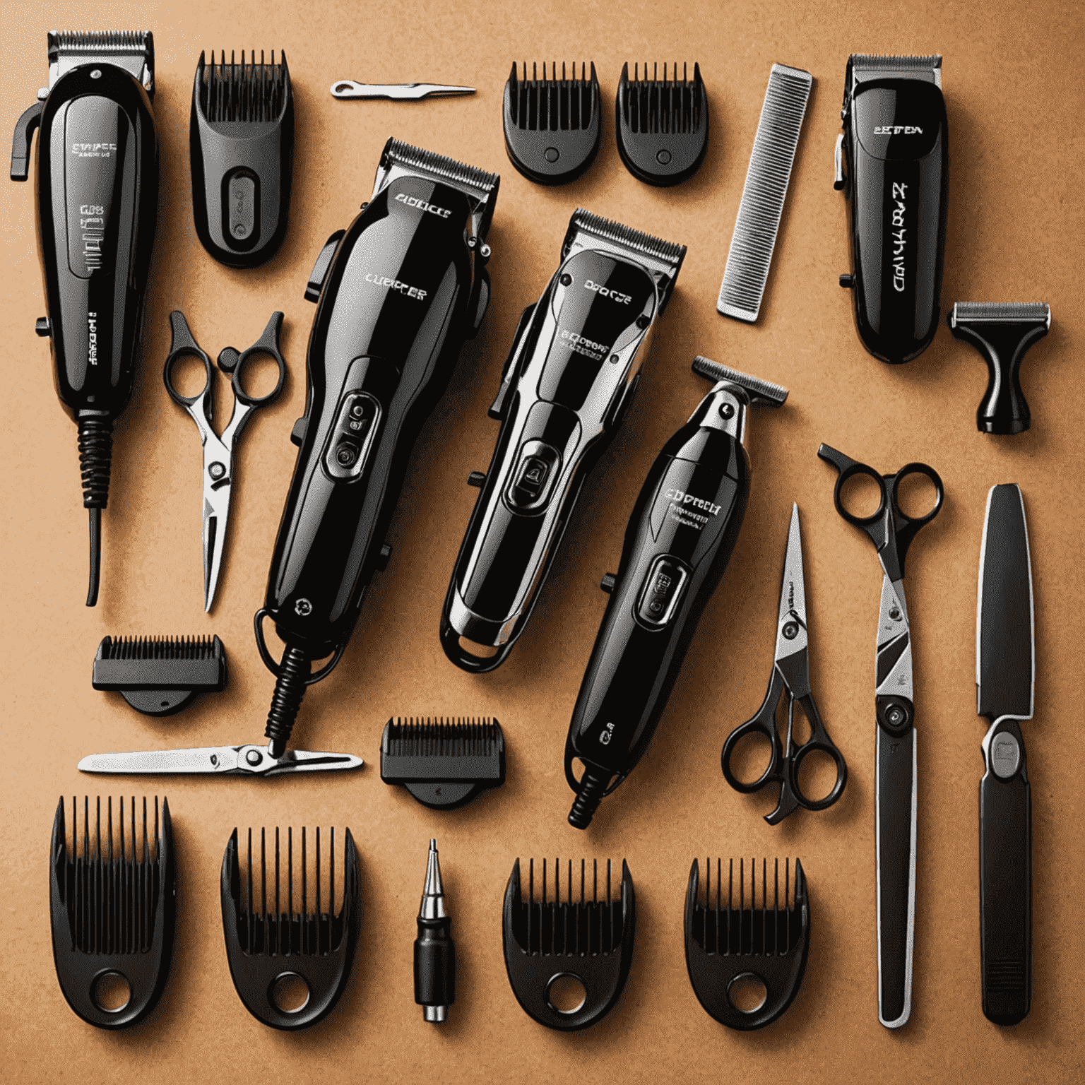 A set of professional-grade hair clippers with multiple attachments. The clippers have a sleek, ergonomic design with a digital display for precise length settings.