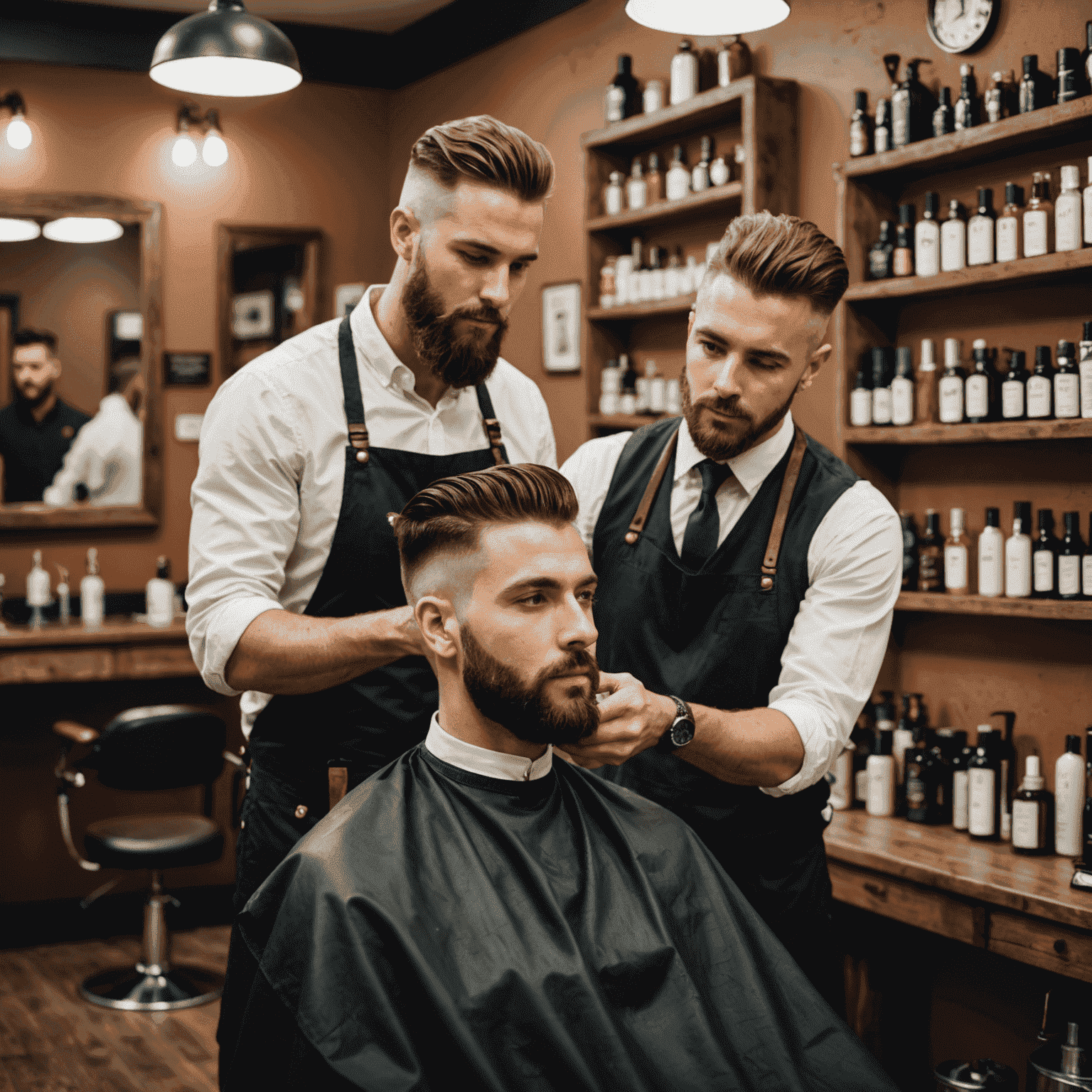 A barber explaining different hair care products to a client in the shop